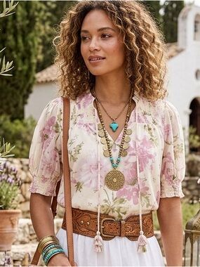 Chic Floral Blouse in Pink and Green